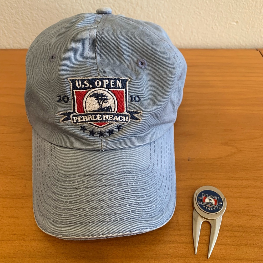2010 US Open Golf Hat Cap Pebble Beach Light Blue & Divot Tool w/ Ball Mark